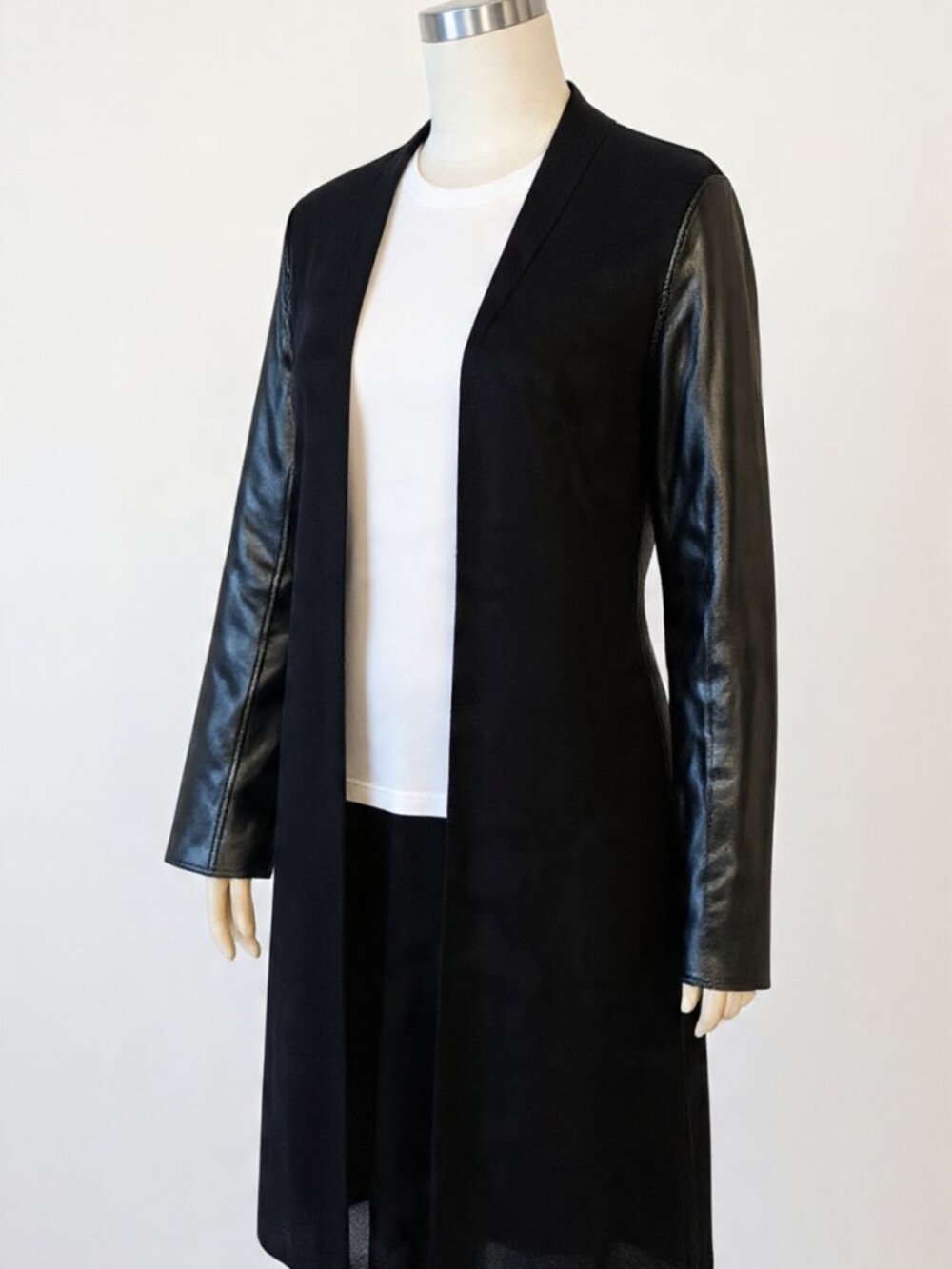 Line Wool Cashmere Blend Duster Cardigan SP Black Faux Leather Sleeves Open Fron